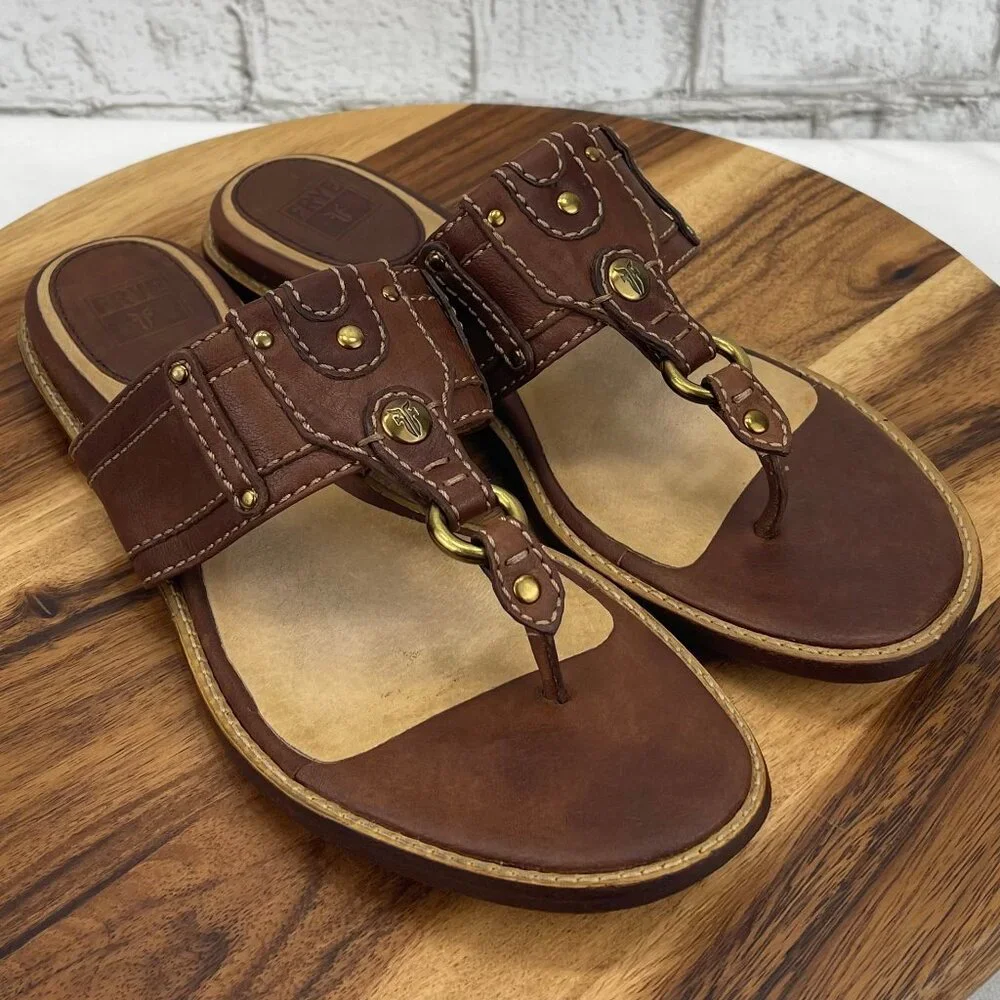 Frye Brown Leather Thong Sandals with Gold Hardware